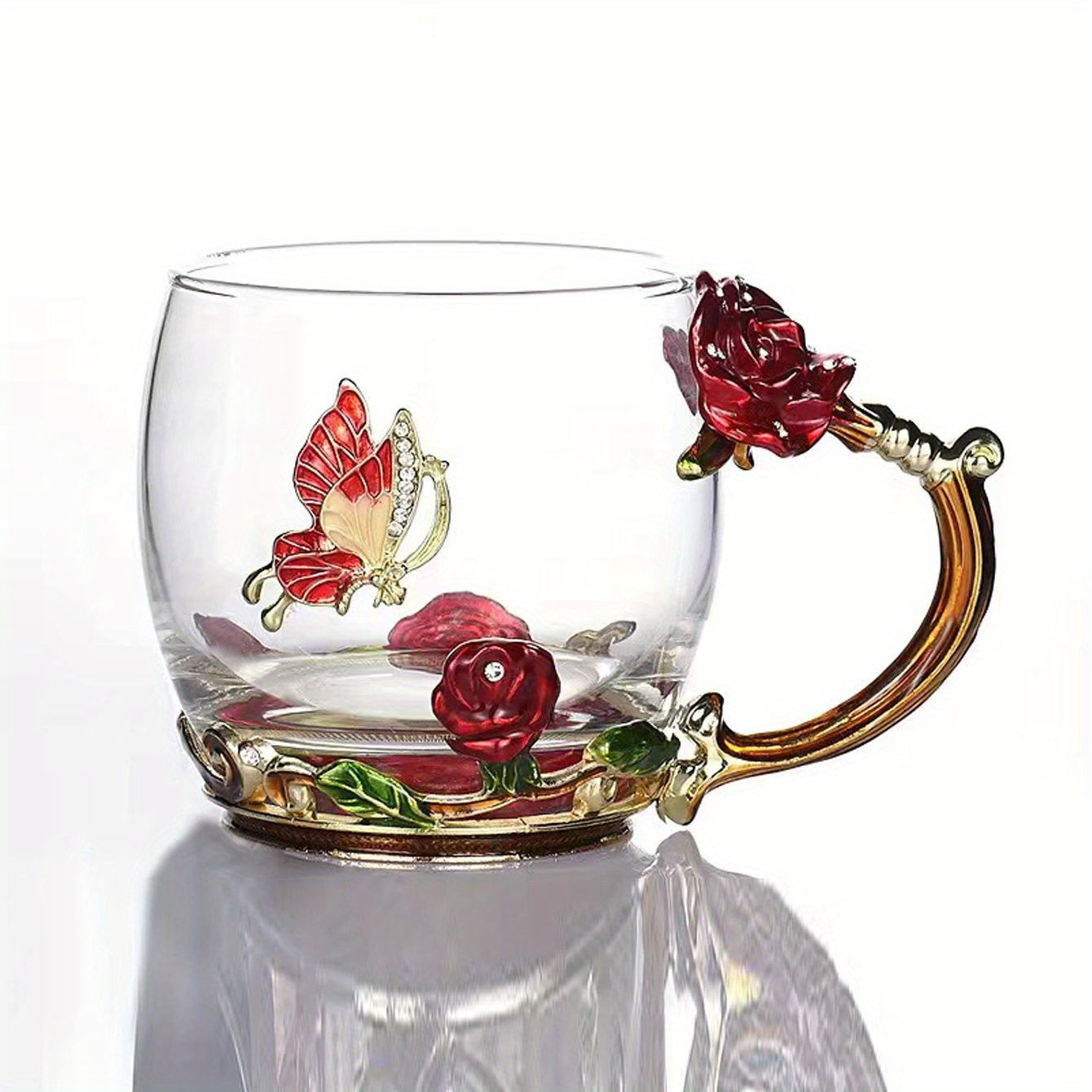 Enamel Crystal Tea Cup with Butterfly and Rose Design Heat Resistant for Coffee Water