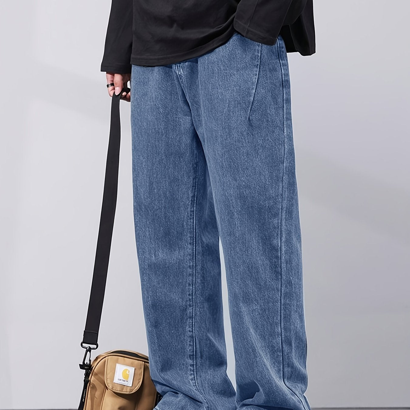 Men's Black Washed Denim Pants Loose Fit All-Season Casual with Fold Design