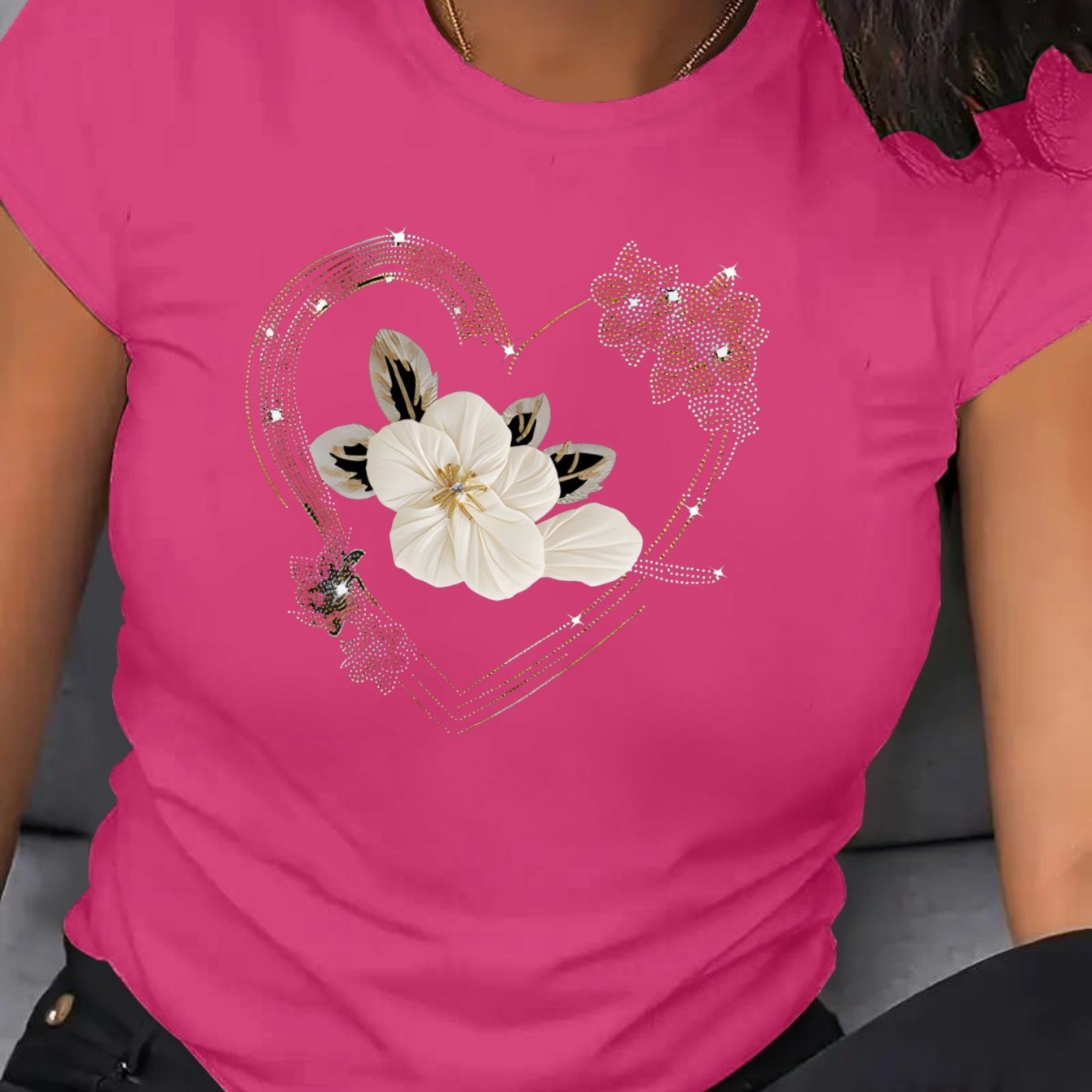 Plus Size Women's Floral Heart T-Shirt Breathable Polyester Short Sleeve