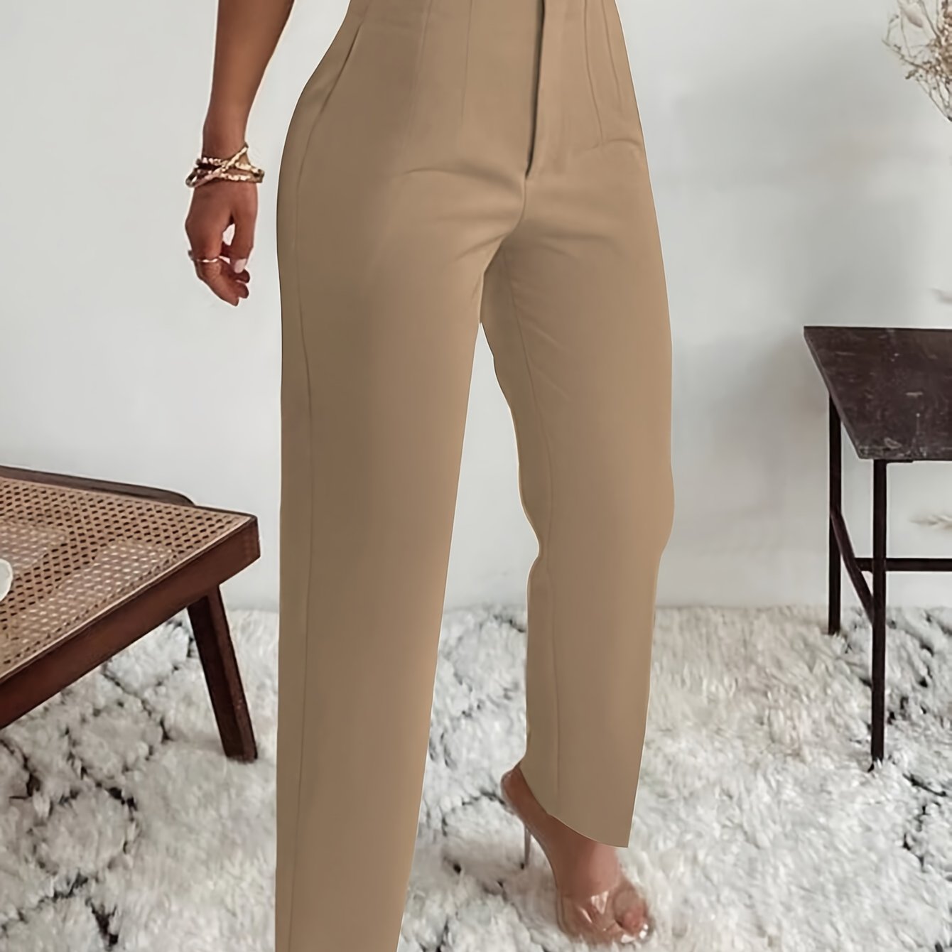 Pantalones de pierna recta de cintura alta para mujer azul oscuro de poliéster para todas las estaciones