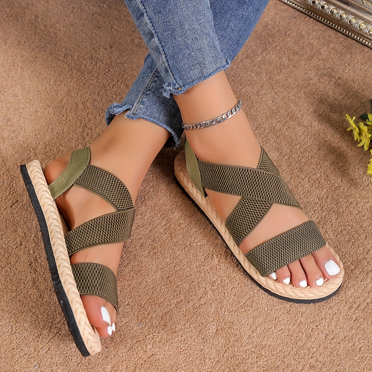 Women Casual Flat Heel Sandals Ankle Strap Slip-On Summer Beach Shoes