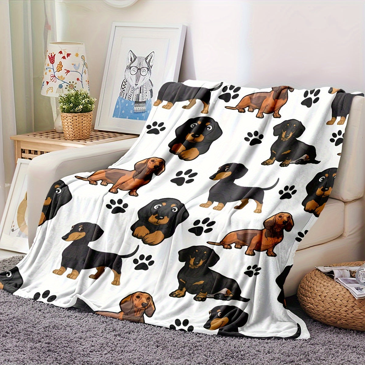 Flannel Dog Pattern Blanket Soft Warm Couch Bed Decor
