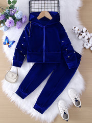 Girls Velvet Suit with Beaded Zipper Hooded Jacket and Trousers for Spring and Fall Outdoor Casual