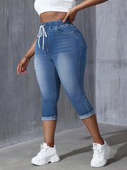 Women Plus Size Stretch Denim Capris with Drawstring Waist Light Blue