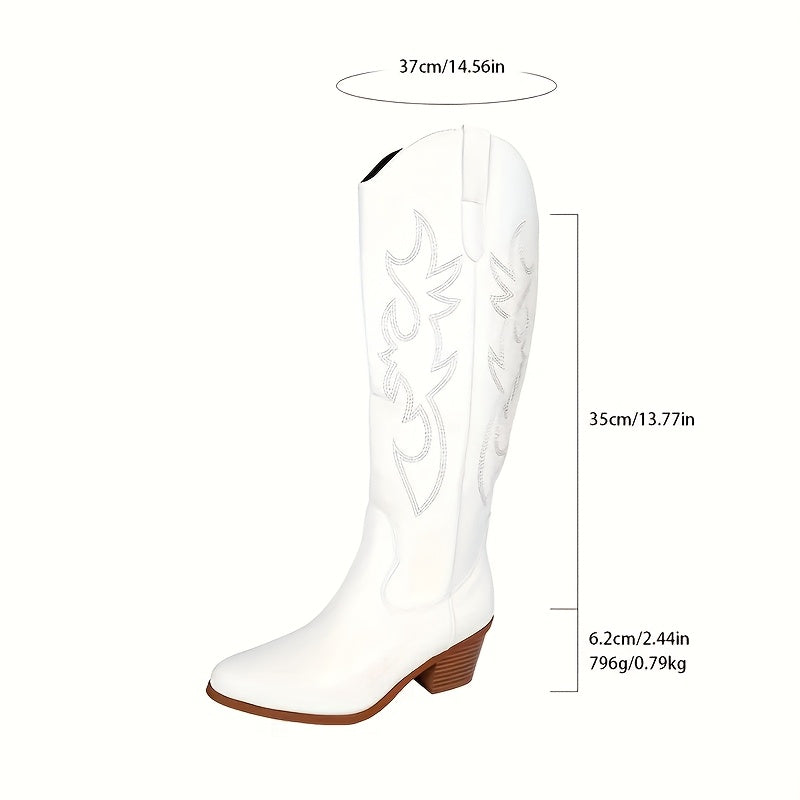 Women's White Embroidered Knee-High Western Boots Slip-On Pointed Toe