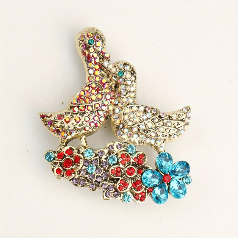 Elegant Mandarin Duck Brooch Pin with Rhinestones and Floral Accents Jewelry