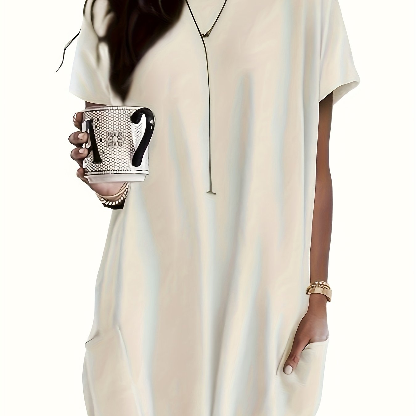 Plus-Size ayollar uchun kundalik qisqa sleeve tunik kofta, bir rangli, erkin fit, nafas oluvchi mato