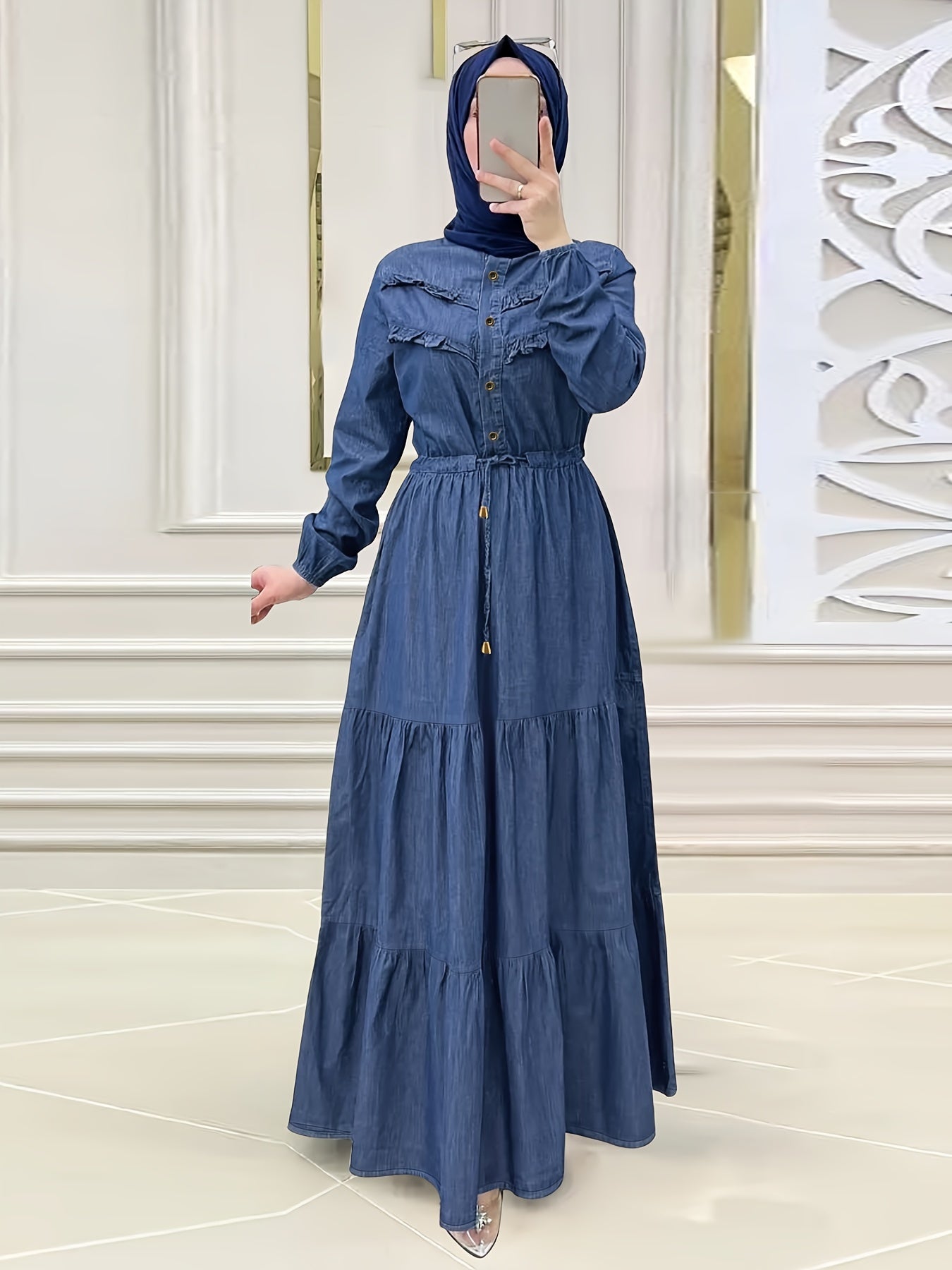 Vestido largo de manga larga para mujer, vestido maxi modesto de color sólido, Ramadan, con botones, elegante, tejido entrelazado