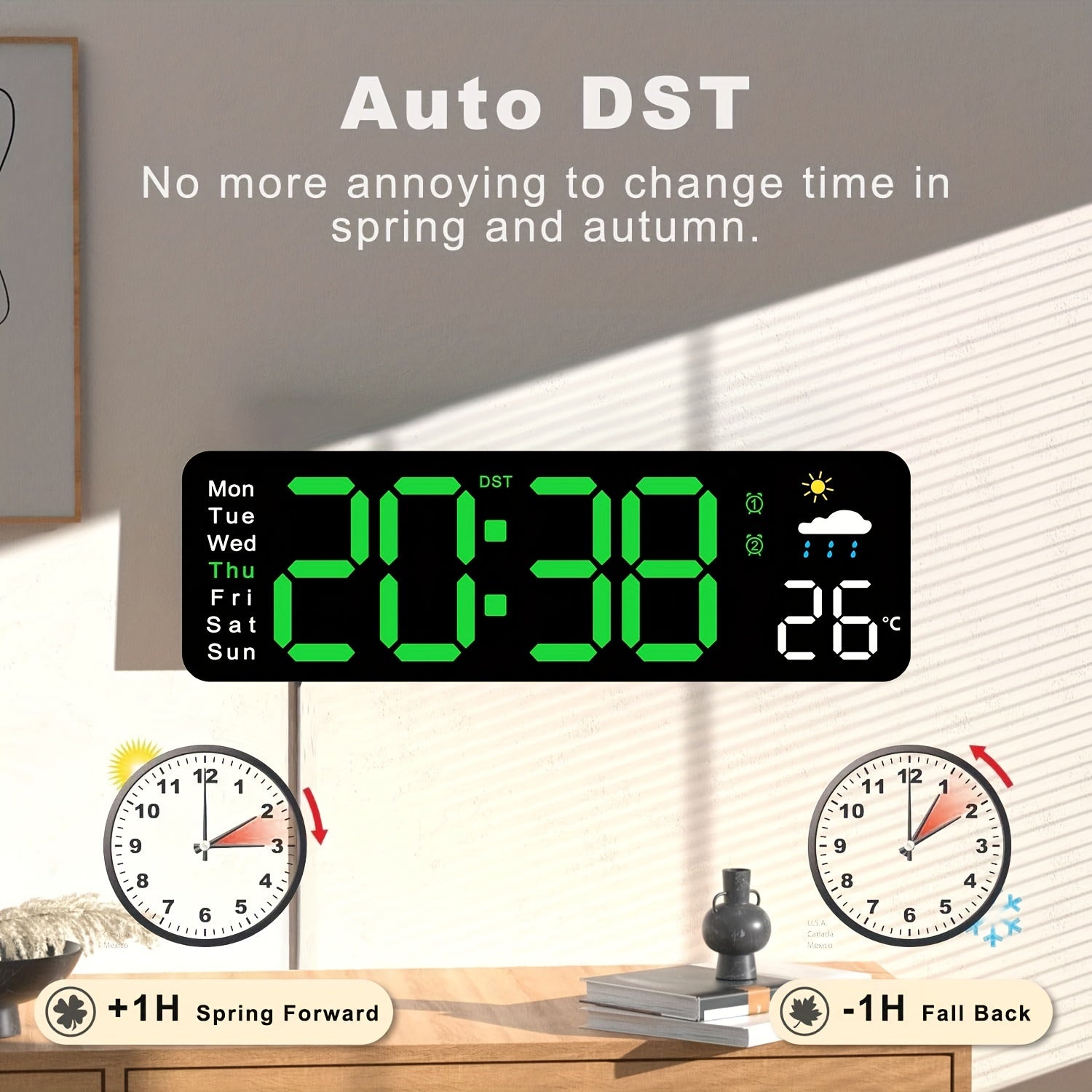 11-Inch Digital Wall Clock with Temperature Date Display Auto Dimming Snooze USB Powered Remote