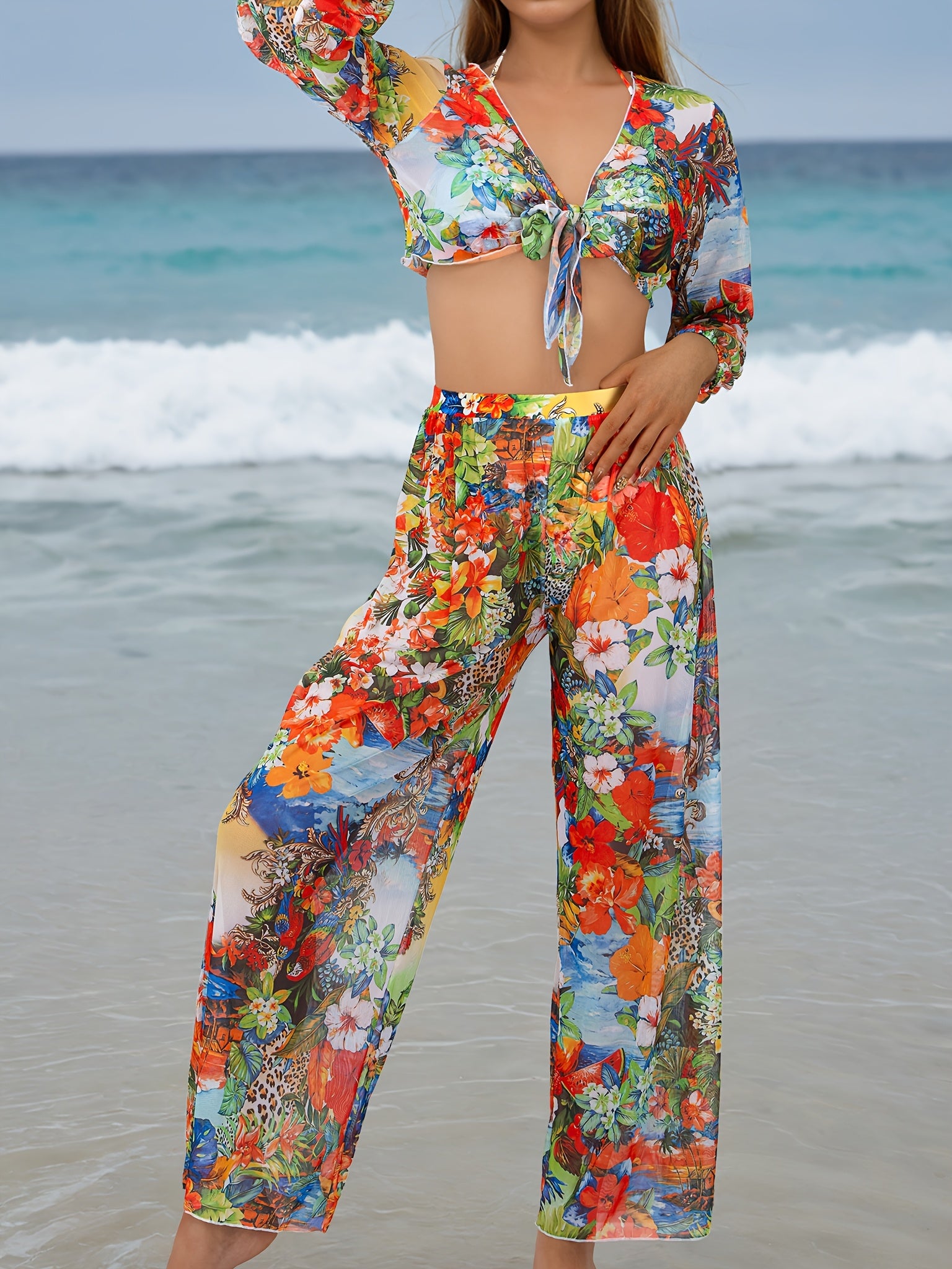 2024 Floral Printed Four-Piece Sand Swimwear High Stretch Polyester