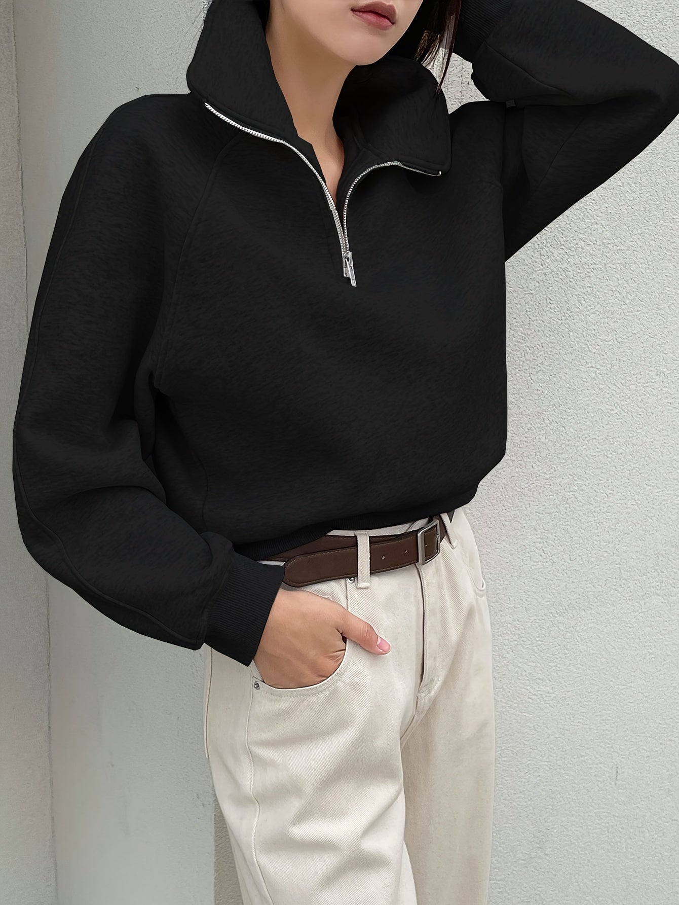 Women's Fleece-Lined Sweatshirt with Half-Zip Collar Raglan Sleeves Fall Winter