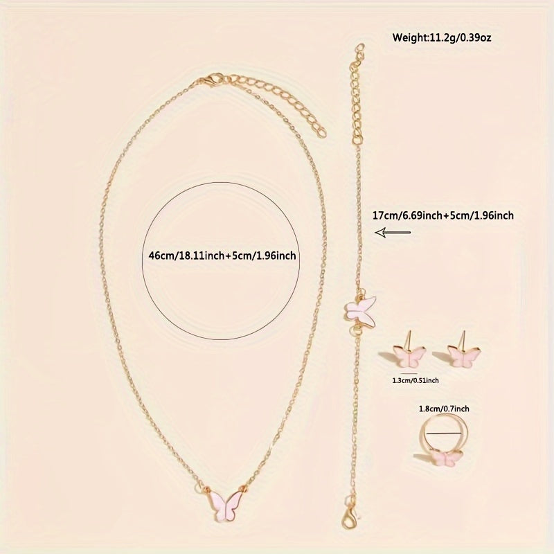 Pink Butterfly Quartz Watch Set with Jewelry Accessories for Women 6-Piece