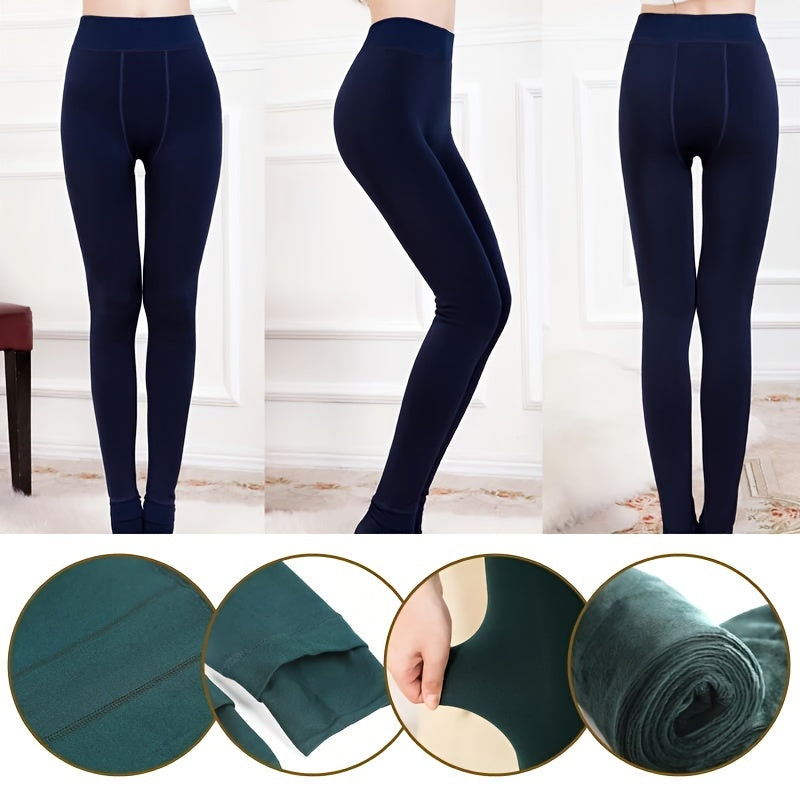 Women's High Waist Velvet Leggings Solid Color Elastic Knit Warm Winter