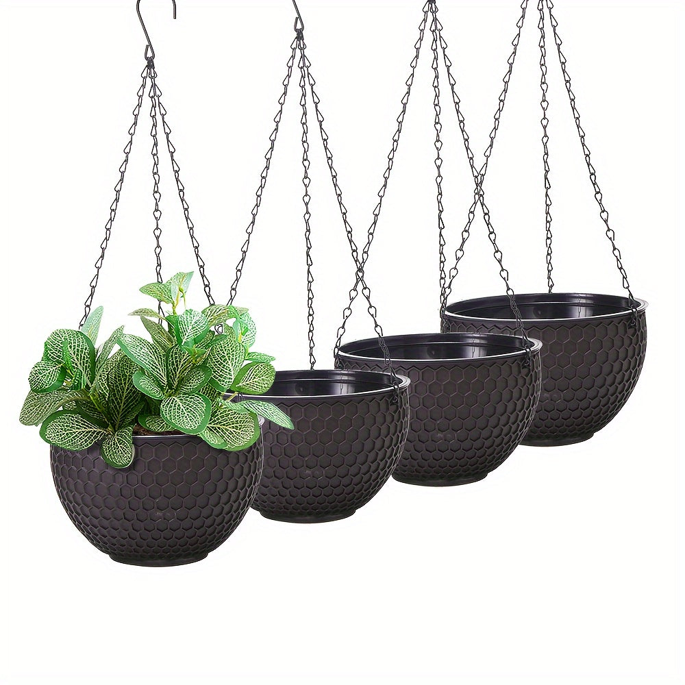 4-Pack Plastic Hanging Flower Pots with Drainage Holes and Chain Hook