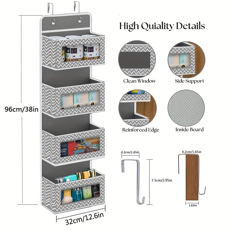4-Tier Door Hanging Organizer with Clear Window Steel Hook Space Saving Storage for Bathroom Nursery Bedroom Toys