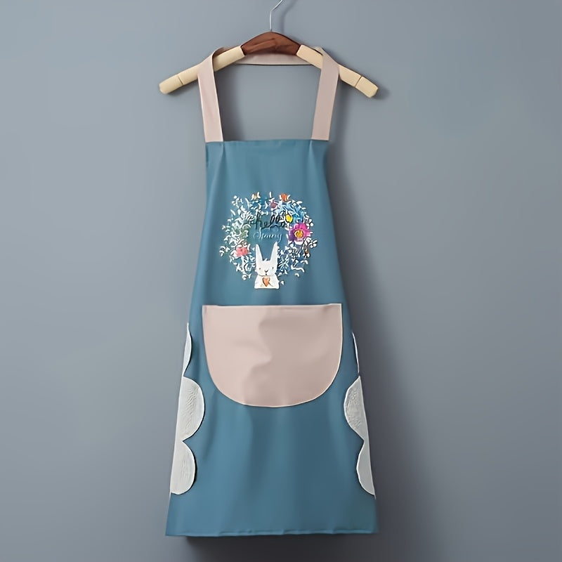 Rabbit and Floral Print Waterproof Kitchen Apron Oil-Resistant Durable PVC