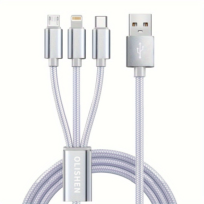 3-in-1 Nylon Braided USB Charging Cable with Fast Charging for iPhone, Samsung, Xiaomi