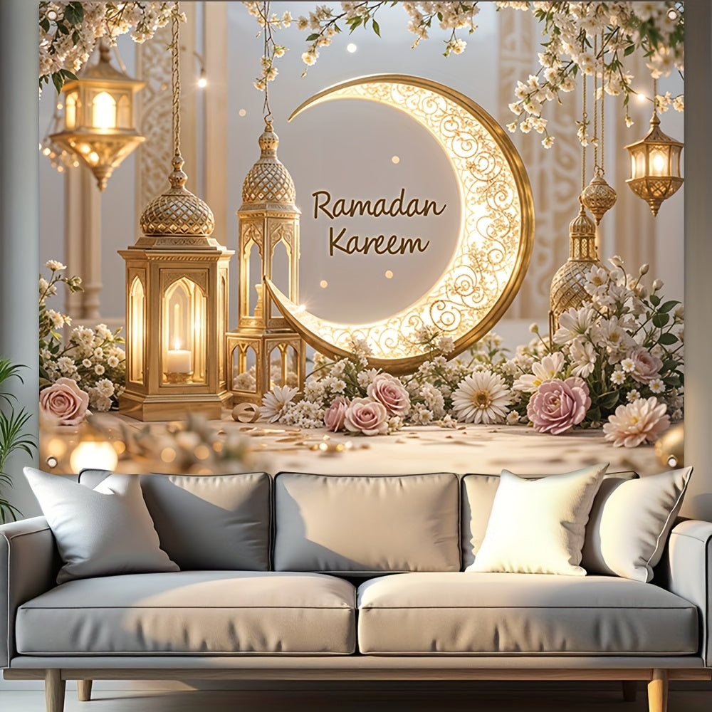 1 dona Elegant Ramazon Mural Banner, Polyester, Oltin Yarim Oy va Chiroq Dizayni bilan, Xonani va Partiyani bezash uchun mustahkam devor dekoratsiyasi, Yangi yil va Eid Al-Fitr uchun bayramona uy bezaklari