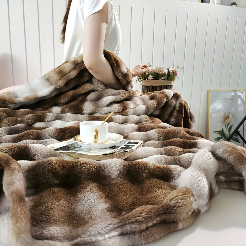 Manta reversible de pelo sintético de conejo con patrón de arcoíris tie-dye moiré para sala de estar, sofá y cama