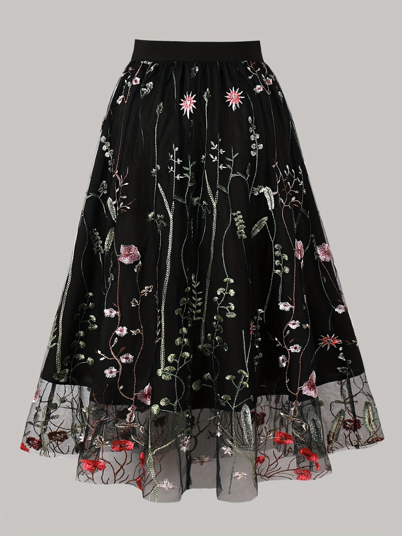 Women's Floral Midi Skirt with Contrast Mesh Spring Summer Woven Polyester