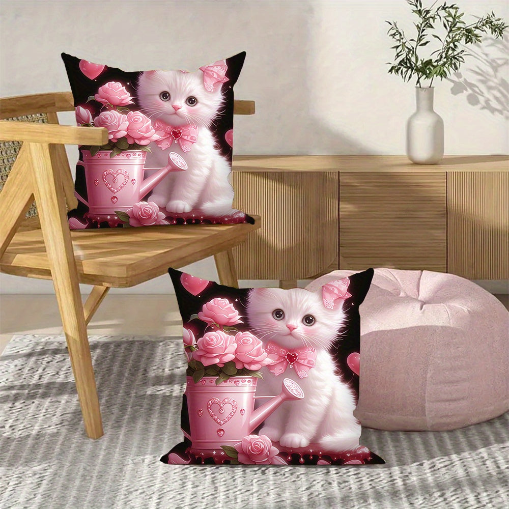 2 ta jozibali mushuk va gullar bilan bezatilgan yostiq qoplari to'plami - Yumshoq polyesterdan tayyorlangan, mashinada yuvish mumkin - Mehmonxona, yotoqxona yoki ofisni bezatish uchun ideal - O'lchami: 45.72x45.72 sm