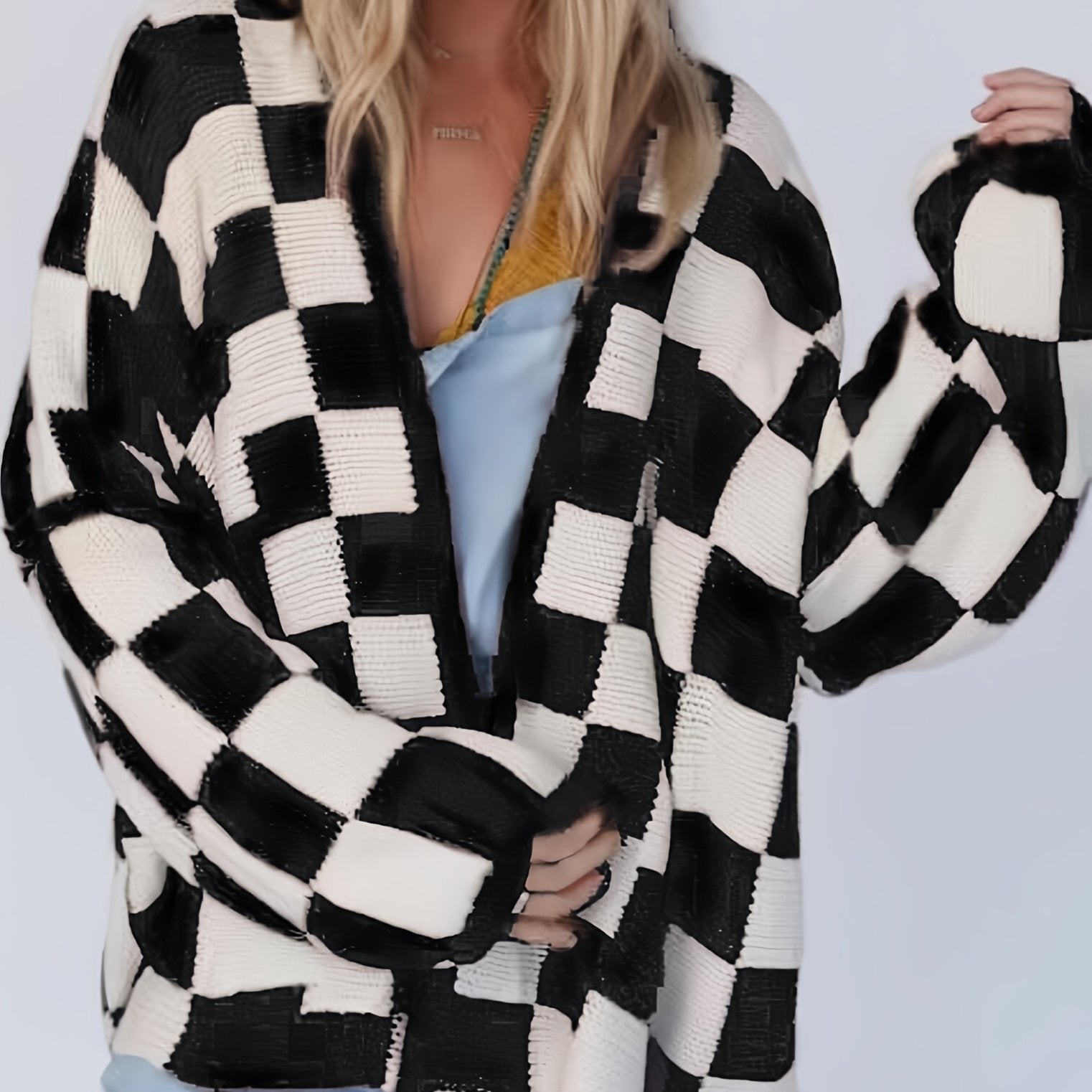 Women's Plus Size Black and White Checkered Open Front Cardigan Sweater
