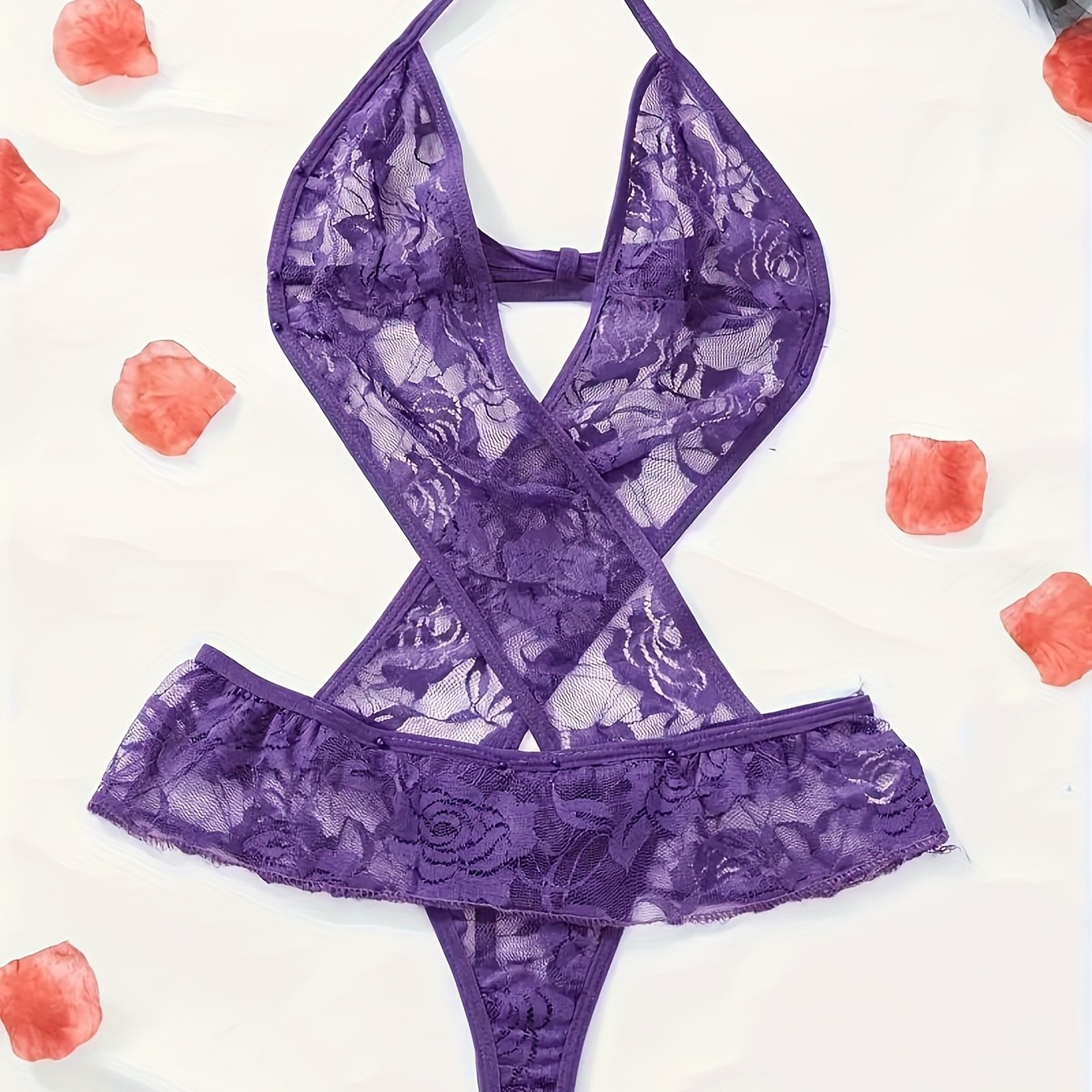 Juda chiroyli, ko'rinadigan dizayni va bo'yin tasmasi bilan sexy dantel bodysuit