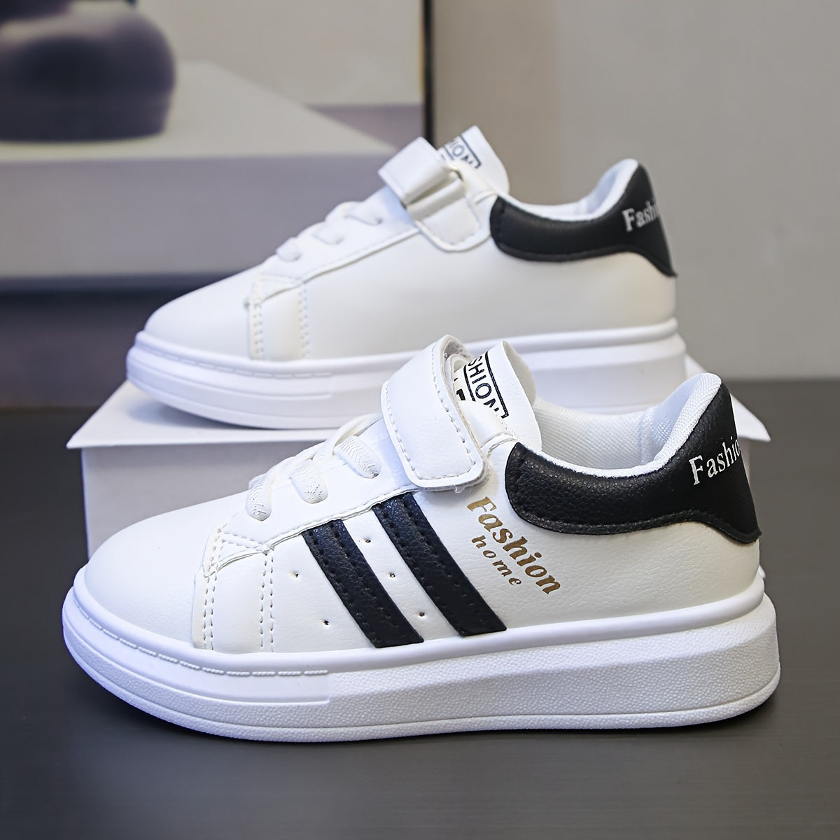 Kids' White Casual Sneakers for Boys and Girls with Red Stripes, PU Upper, PVC Sole