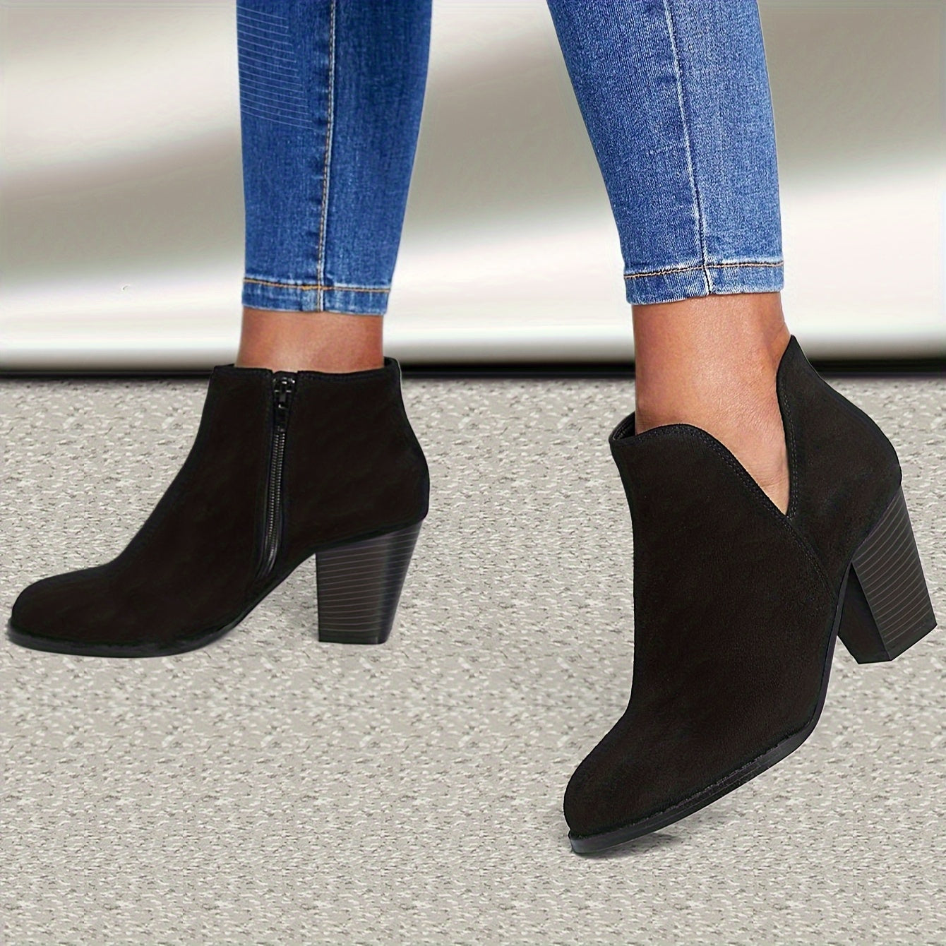 Women's Ankle Boots With Zipper Closure, High Block Heels, PU Lined