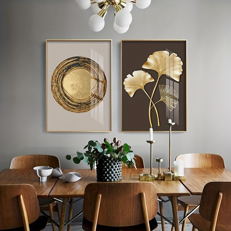 Set of 3 Modern Gold Leaf Wall Art Prints Frameless Ginkgo and Wheel Nordic Decor