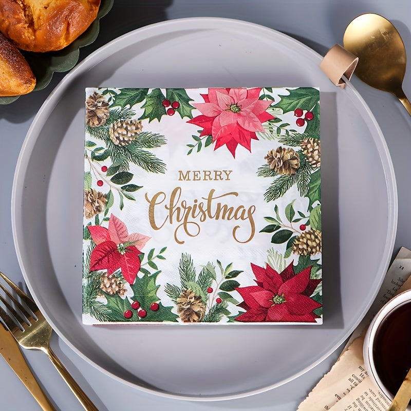 20 Christmas Disposable Paper Placemats with "Merry Christmas" Message Floral Print Square Shape