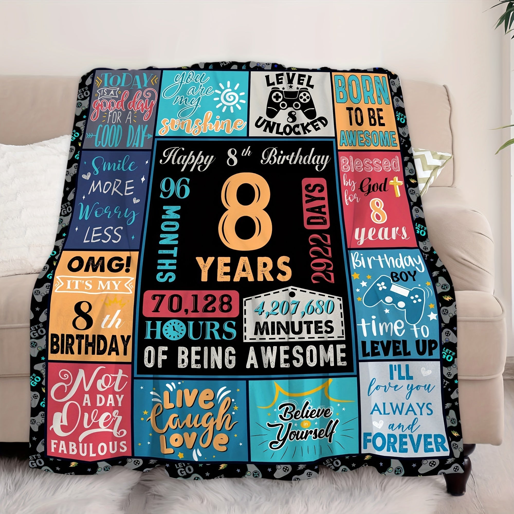 8th Birthday Flannel Blanket All-Season Throw for Boys and Girls