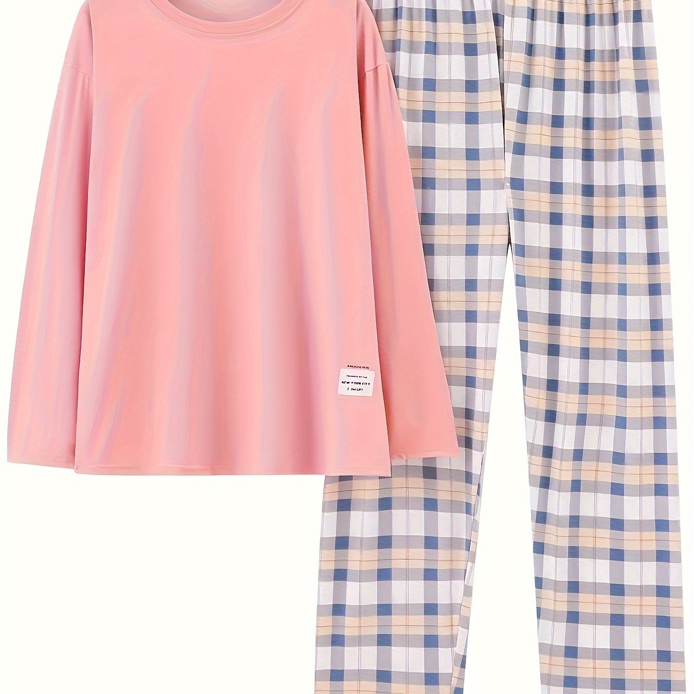 Plus Size Women's Cozy Pajama Set Soft Long Sleeve Tee Plaid Pants Lounge Wear