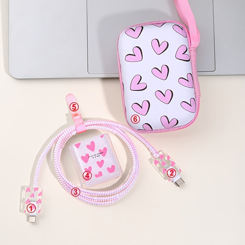 Set of 6 Heart Pattern EVA Cable Management Accessories for iPhone 20W Fast Charging