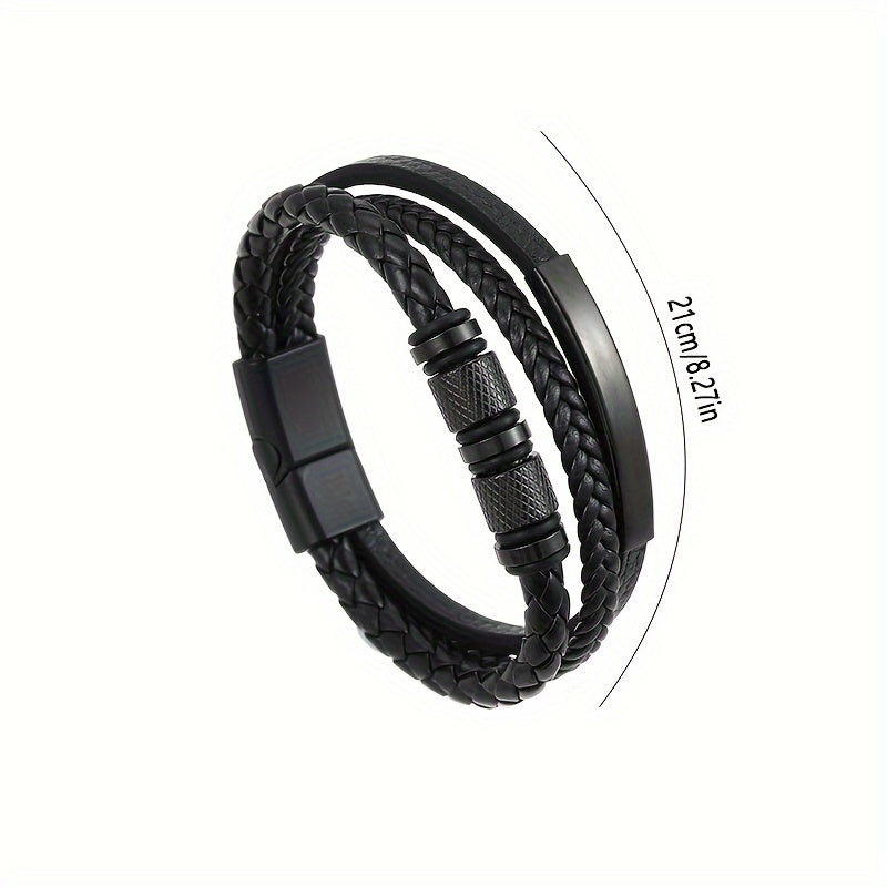 Men's Black Leather Bracelet Stainless Steel Magnetic Closure Punk Style Accessories