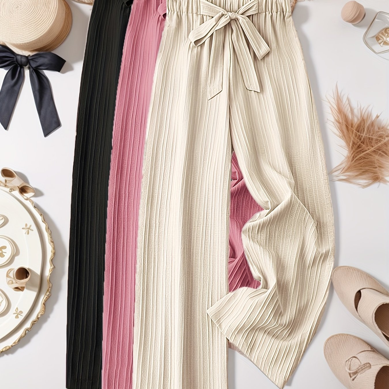 Plus Size Women's Wide-Leg Pants 3-Pack Non-Stretch Black Pink Beige Formal Casual