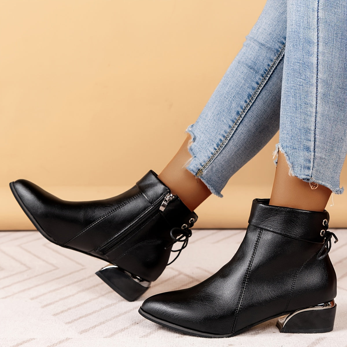 Women’s Black Faux Leather Ankle Boots, Low Heel, Side Zipper