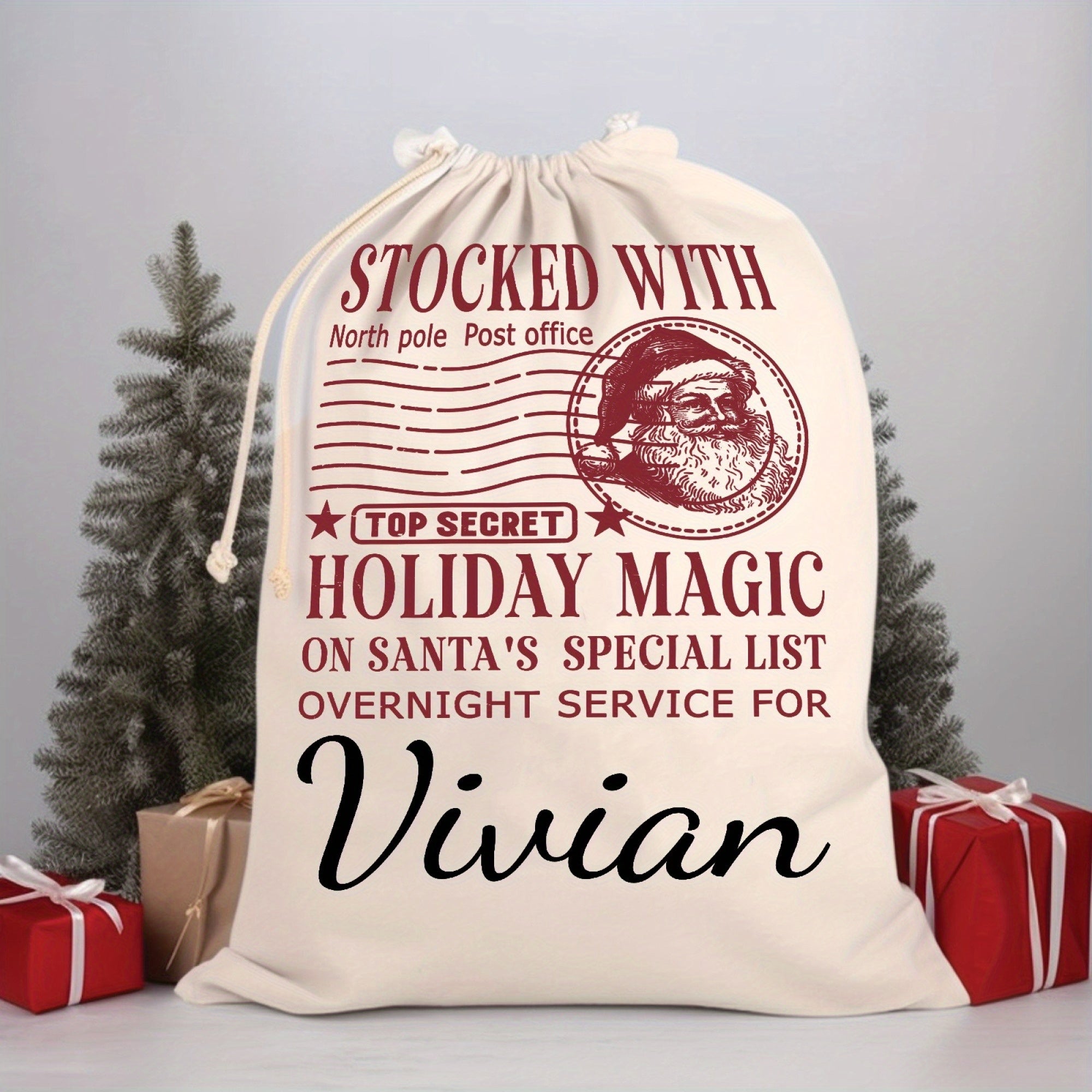 Customized Christmas Santa Sack with Name Oversized Canvas Gift Bag with Drawstring Closure