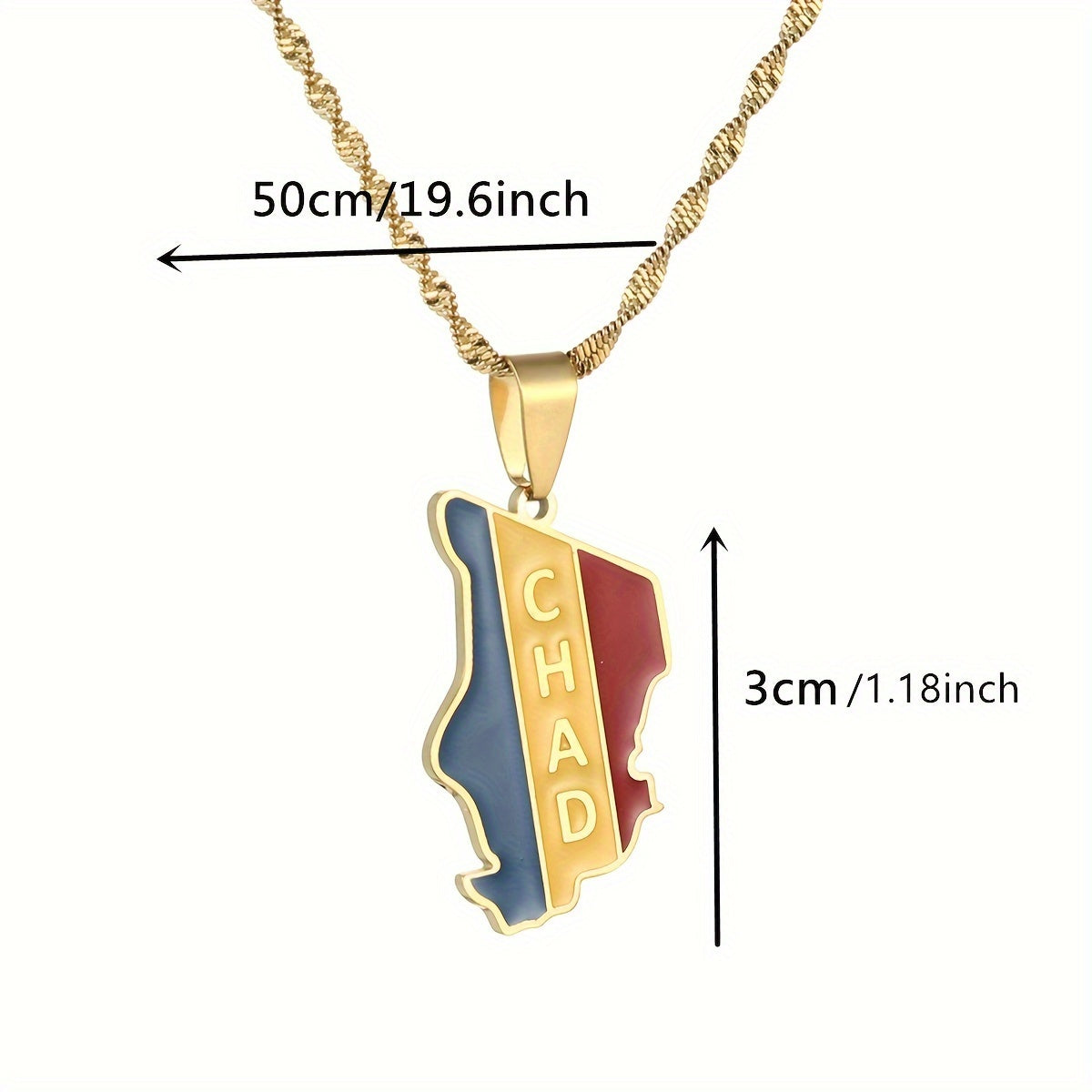 Chad Respublikasining zamonaviy pendanti - zanglamas po'latdan tayyorlangan, oltin va kumush ranglarining aralashmasi bilan, norasmiy kiyim va partiyalar uchun mukammal.