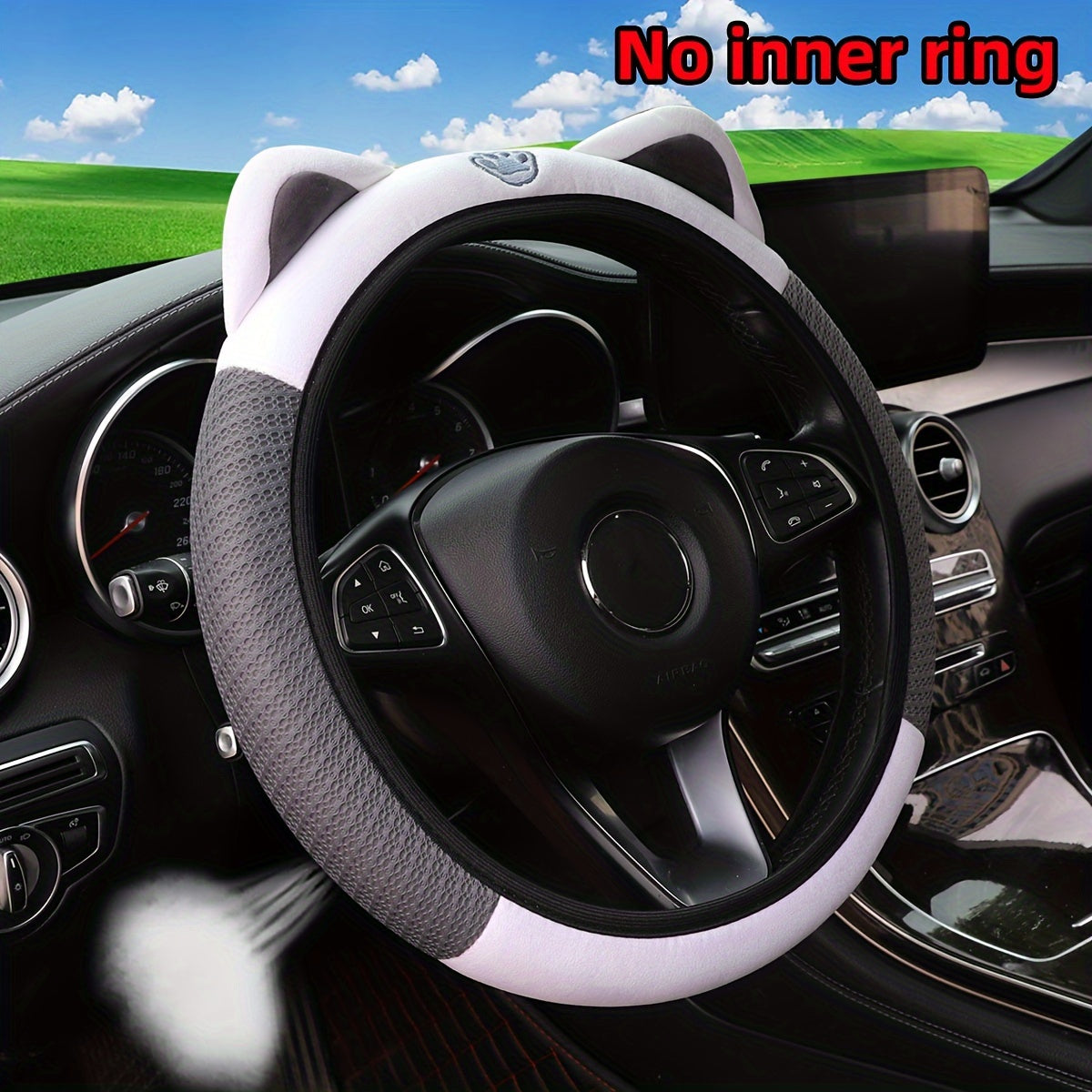 Cute Pink White Cat Steering Wheel Cover Breathable Mesh Stretchable Car Accessory