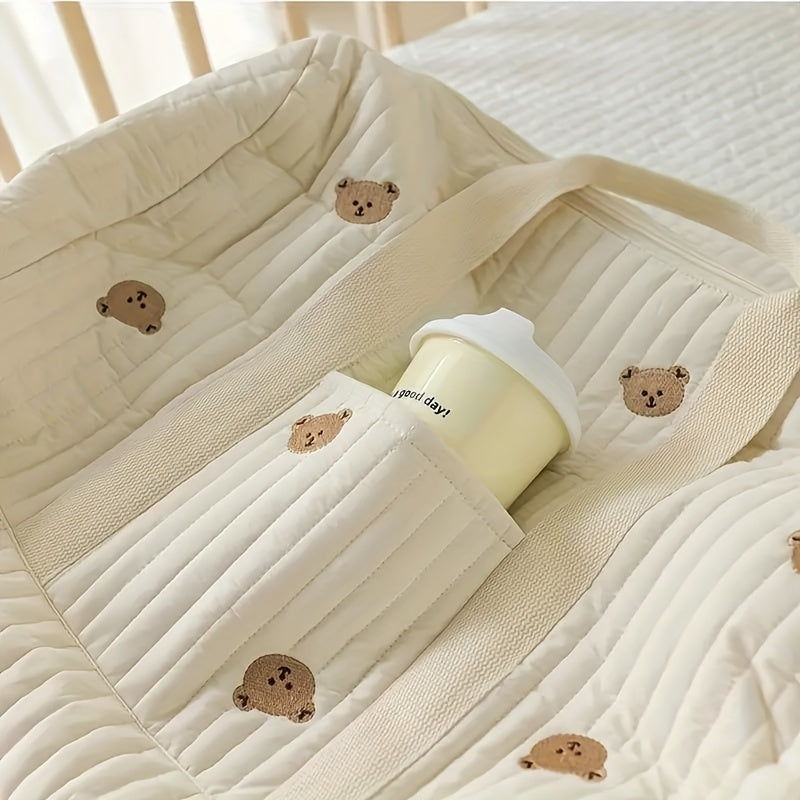 Large Quilted Diaper Bag with Bear Print and Shoulder Strap for Newborns and Toddlers