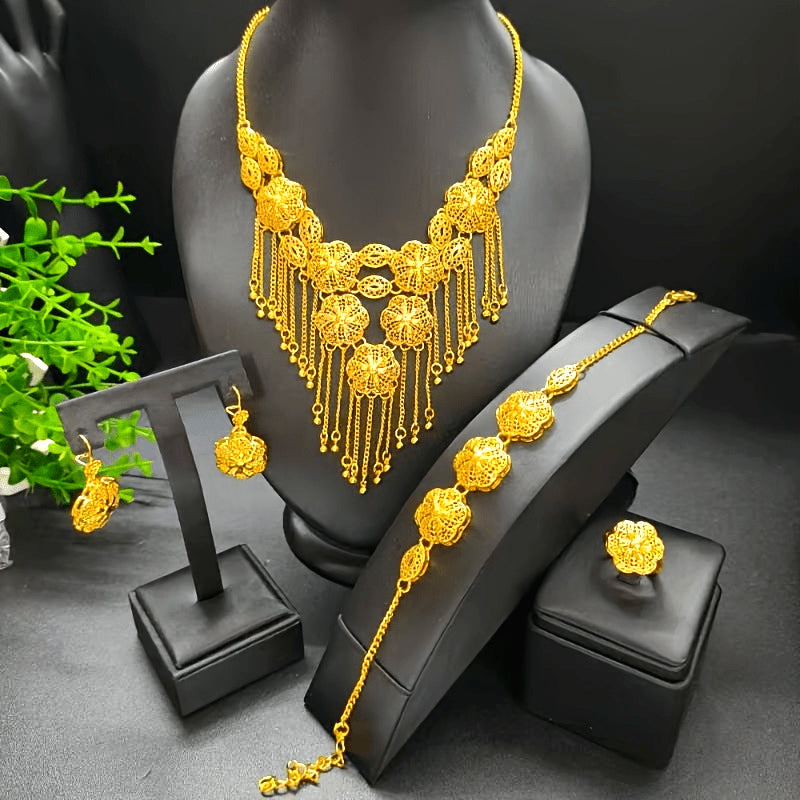 24k Gold-Plated Tassel Flower Jewelry Set Necklace Earrings Bracelet Ring for Women