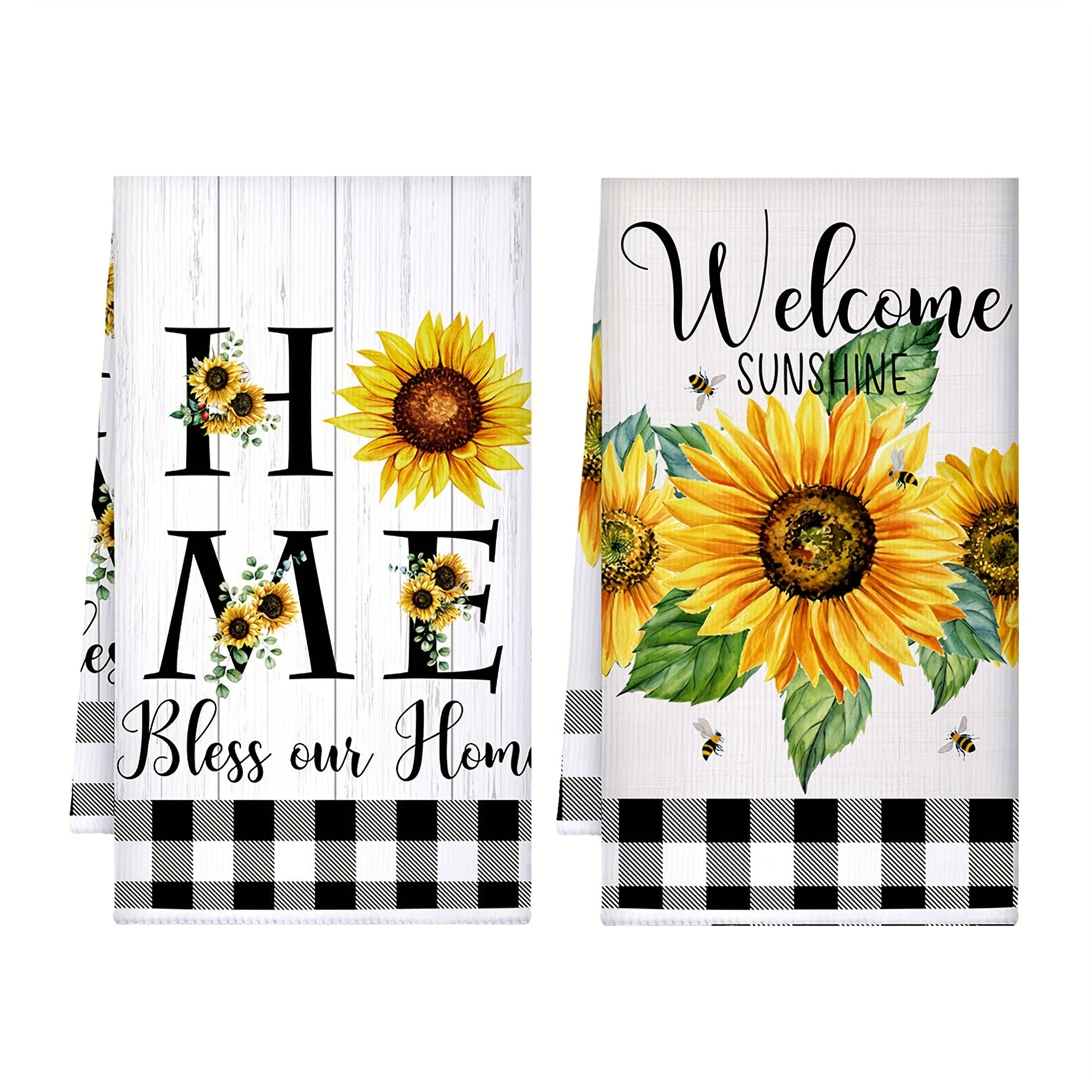 Set of 2 Sunflower Buffalo Plaid Kitchen Hand Towels for Cleaning and Decor