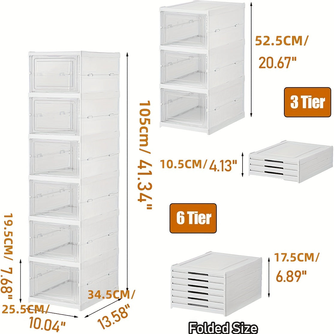 6-Tier Stackable Shoe Storage Box Set Waterproof Clear Plastic Drop Front Organizer