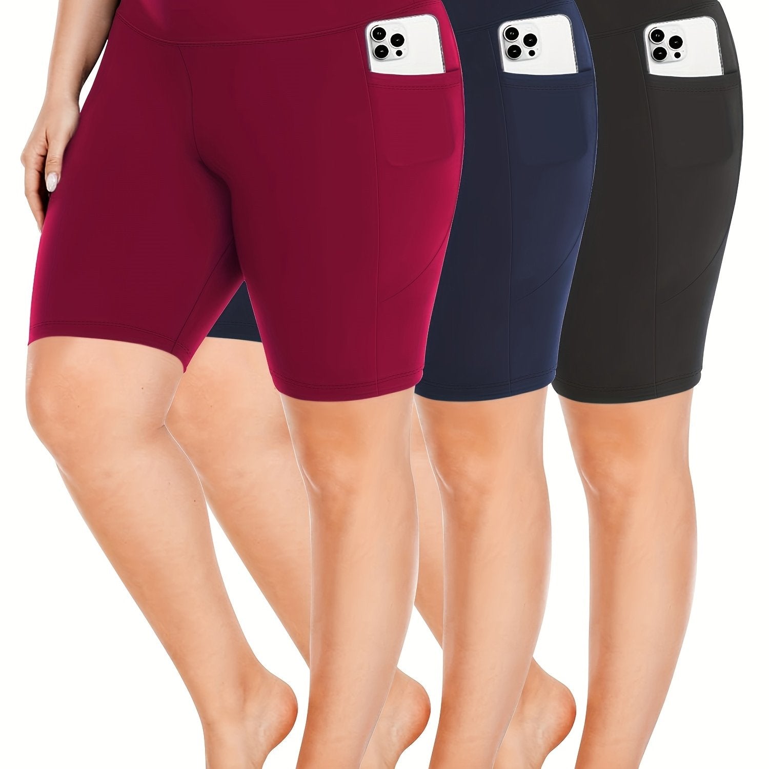 Plus Size High-Waisted Yoga Shorts Set with Pockets and Crescent Design