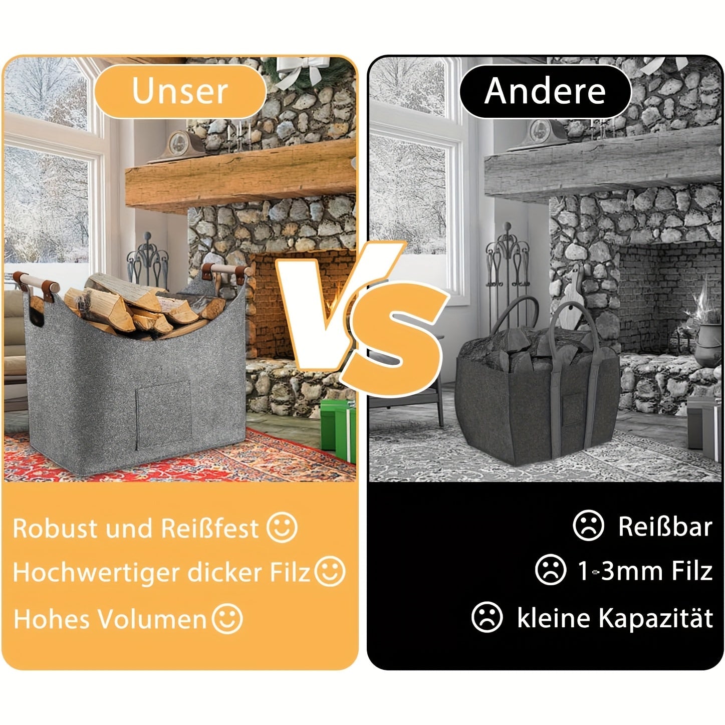 Складной и прочный светло-серый органайзер для покупок, дров, газет и дров с усиленной деревянной ручкой - 1 шт., корзина для хранения дров из очень толстого фетра