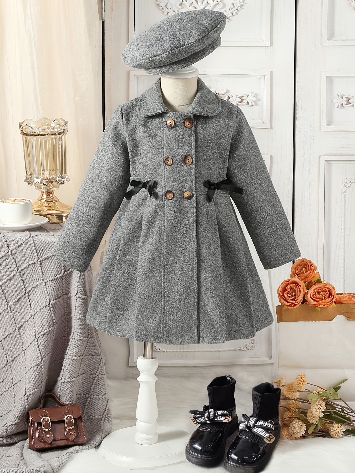 Girls Casual Polyester Trench Coat with Lapel Collar Double-Breasted Bow and Hat