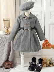 Girls Casual Polyester Trench Coat with Lapel Collar Double-Breasted Bow and Hat