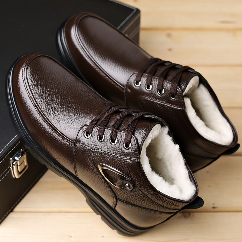 Botas de invierno vintage para hombre, cuero de vaca genuino, forro de felpa, cortas, para exteriores, con cordones