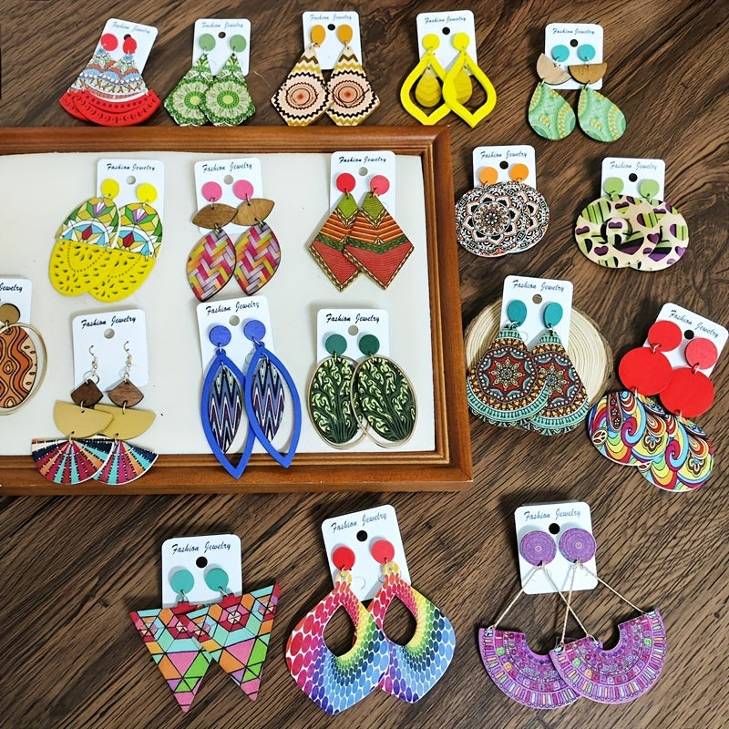 Women's Bohemian Wooden Drop and Geometric Earrings with Colorful Prints